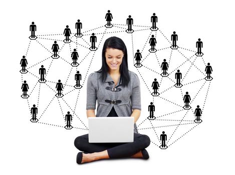 Network or social media concept: young brunette woman or student with laptop surrounded by men and women silhouettes