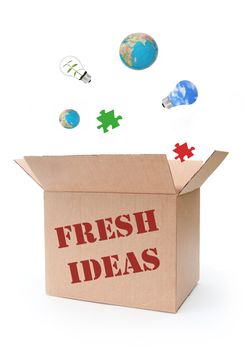 Various symbols of creativity and problem solving emerging from a box filled with 'fresh ideas' 