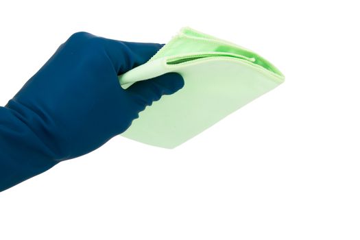 Hand in cleaning glove holding rag, isolated on white background.