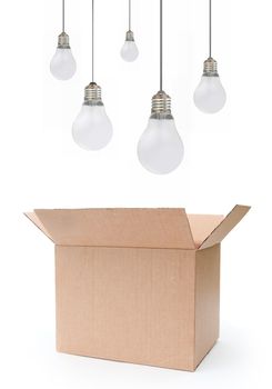 Light bulbs hovering over an open box 