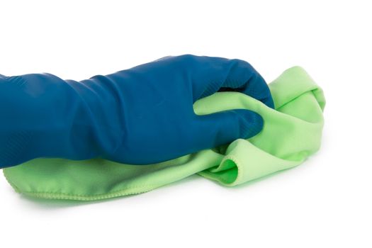 Hand in cleaning glove holding rag, isolated on white background.