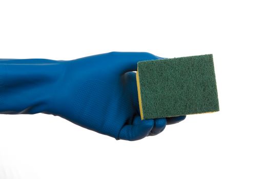 Hand in glove holding sponge,  isolated on white background.