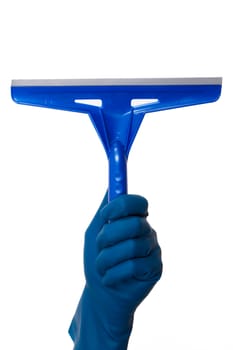 Hand in glove holding blue squeegee, isolated on white background.
