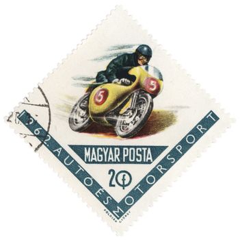 HUNGARY - CIRCA 1962: A stamp printed in Hungary shows racing motorcycle, circa 1962