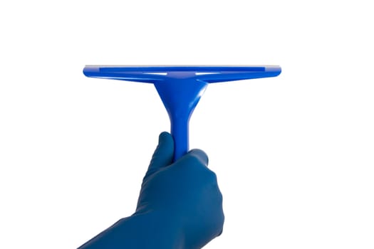Hand in glove holding blue wiper, back view, isolated on white background.