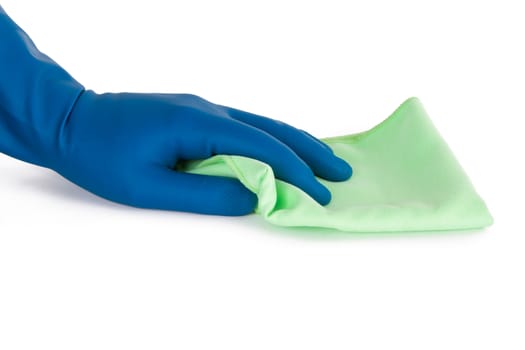 Hand in glove holding green rag, isolated on white background.
