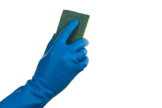 Hand in glove holding sponge, isolated on white background.