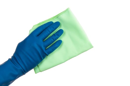 Hand in glove holding green rag, isolated on white background.