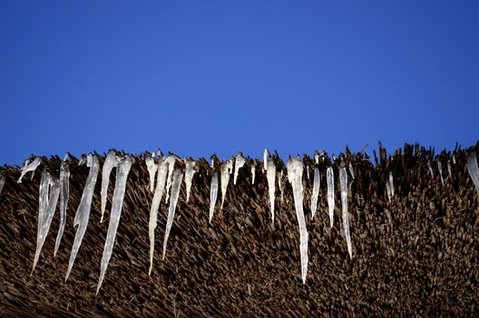 icicles on retro straw roof on background of dark blue sky in winter.