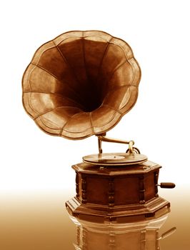 Vintage Gramophone with disc isolated on grunge background