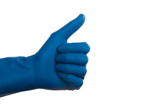 Hand in glove thumbs up as like, isolated on white background.
