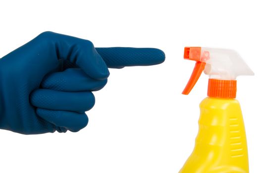 Hand in cleaning glove pointing with spray bottle with index finger, isolated on white background.