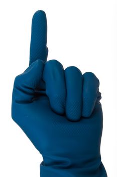 Hand in cleaning glove showing index finger, isolated on white background.
