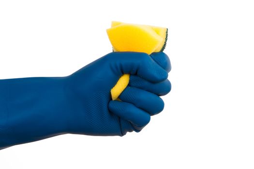 Hand squeezes cleaning sponge, isolated on white background.