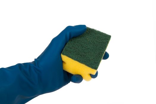 Hand with glove holding cleaning sponge, isolated on white background.