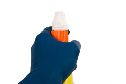 Hand in glove with spray bottle for cleaning, back view, isolated on white background.