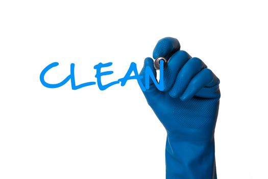 Hand in cleaning glove writing clean, isolated on white background.