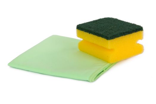 Rag and sponge for cleaning, isolated on white background.