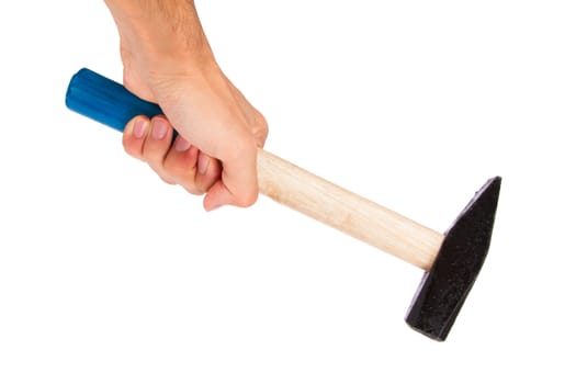 Hand holding blue hammer, isolated on white background.