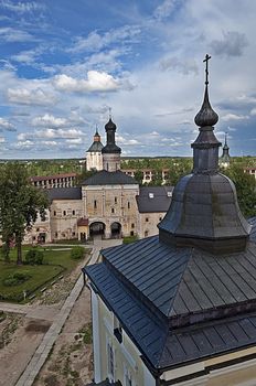 The inner courtyard of Kirillo-Belozersky (St. Cyril-Belozersky) Monastery. Holy Gates and Gate Church of St. John of the Ladder