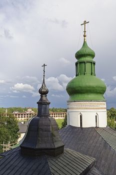 Domes of the church of the Kirillo-Belozersky (St. Cyril-Belozersky) Monastery. Top view