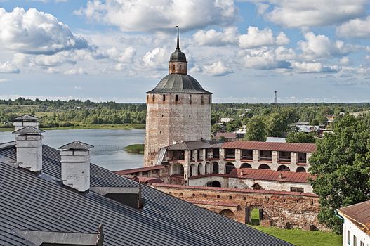 Belozerskaya tower and inner courtyard of Kirillo-Belozersky (Cyril-Belozersk) Monastery in northern Russia, top view