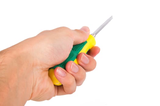 Hand holding yellow screwdriver, isolated on white background.