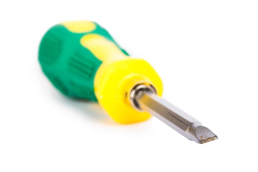 Close up view of screwdriver, isolated on white background.