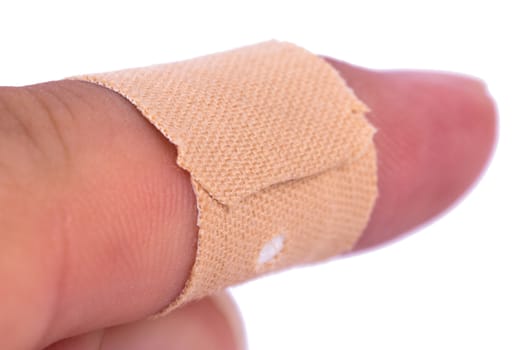 Close up view of adhesive bandage, plaster on index finger, isolated on white background.