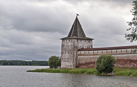 Cyril-Belozersky monastery on the banks of Lake Siverskoye, northern Russia. Svitochnaya tower