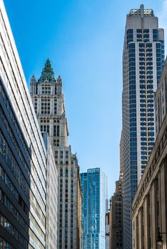 Impressive Manhatten buildings as seen from upwards from the streets