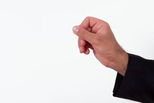 Businessman holding blank business card, isolated on white background.