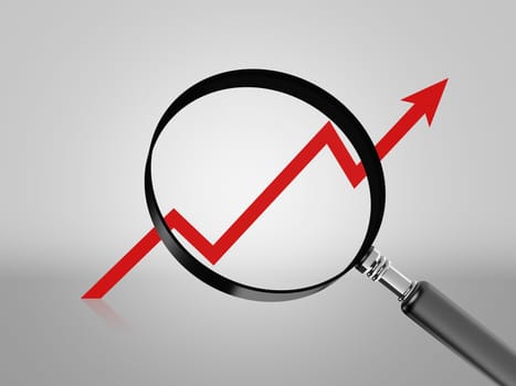Red graph arrow move up with magnifying glass.