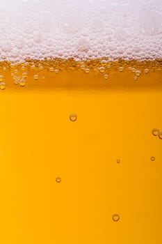 Close up, macro view of droplets, beer bubbles.
