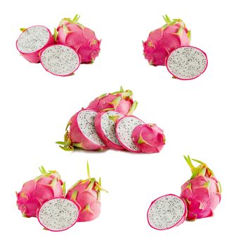 Collage from photographs of pitaya or dragon fruit  on white background