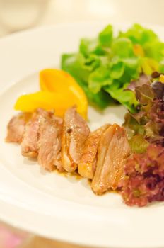 close up duck breast with orange , fresh vegetable salad and delicious sauce
