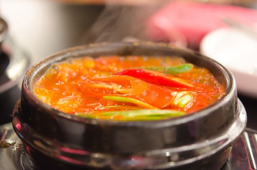 close up kimchi chigae, korean style soup , hot and spicy