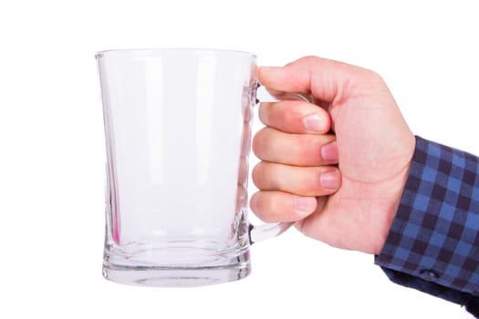 Hand holding empty beer glass, isolated on white background.