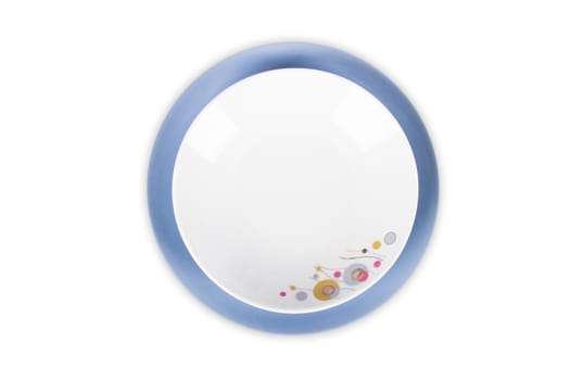 Blue and white, empty plate with flower, top view, isolated on white background.