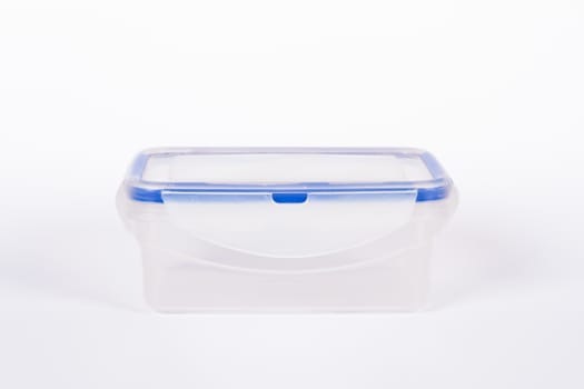 Blue, plastic, empty food container, isolated on white background.