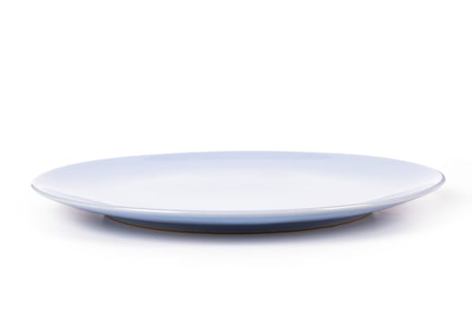 Blue, empty plate, side view, isolated on white background.