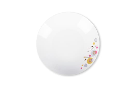 White, empty plate with flower, top view, isolated on white background.