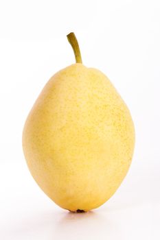 Single yellow pear with reflection, isolated on white background.