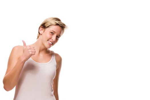 happy young woman showing thumb up on white background
