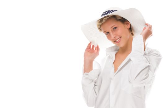 happy laughing woman wearing a sun hat on white background