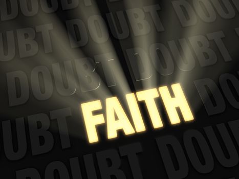 Light rays burst from a bright, gold glowing "FAITH" on a dark background of "DOUBT"s