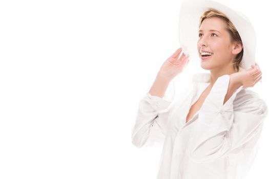 happy laughing up looking woman with a sun hat and copy-space on white background