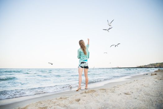 Young Girl at Beach are Feeding Seagulls