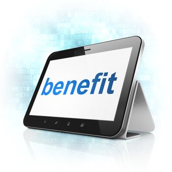 Finance concept: black tablet pc computer with text Benefit on display. Modern portable touch pad on Blue Digital background, 3d render