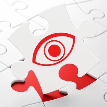 Safety concept: Eye on White puzzle pieces background, 3d render